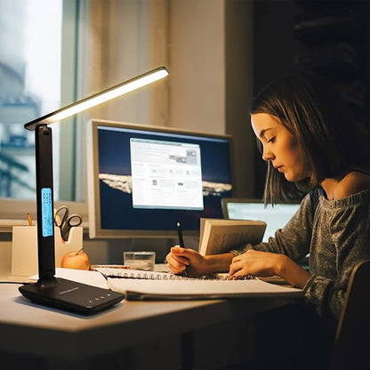 LAOPAO Desk Lamp with Wireless Charger: USB Charging Port, Table Lamp with Clock, Desk Lamps for Home Office College Dorm Room Essentials