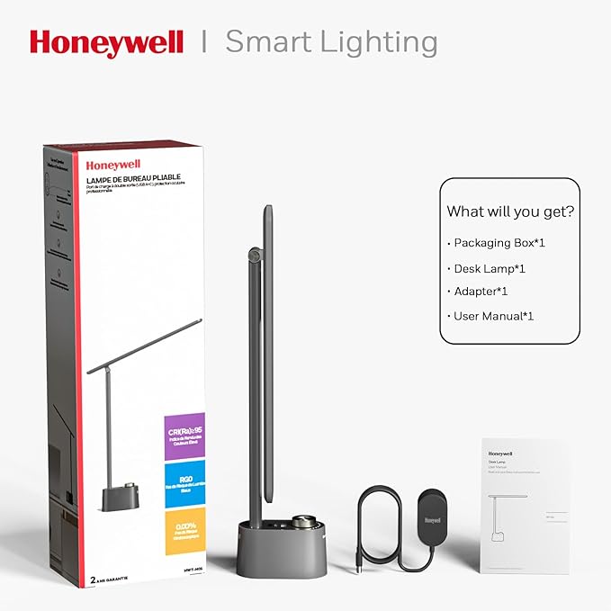 Honeywell HWT-H01 LED Desk Lamp Stepless Dimmable Table Lamp with USB A+C Dual Charging Port Eye-Caring Foldable Desk Light with 3 Color Modes for Home Office Bedroom Reading Study Sunturalux (Gray)