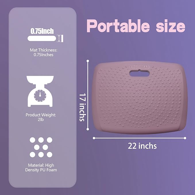 3/4 inch Thick Premium Anti Fatigue Mat with Massage Points, Ideal Standing Pad for Office & Home, Perfect Standing Desk Mat with Handle, Comfort Kitchen Floor Mat (Purple, 17" x 22")