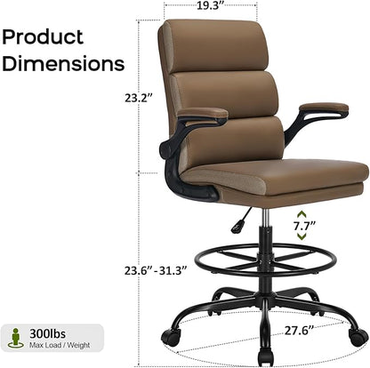 Drafting Chair Tall Office Chair with Padded Flip-up Armrests Executive Ergonomic Computer Standing Desk Chair with Comfortable Leather Backrest and Adjustable Footrest Ring (Tan)