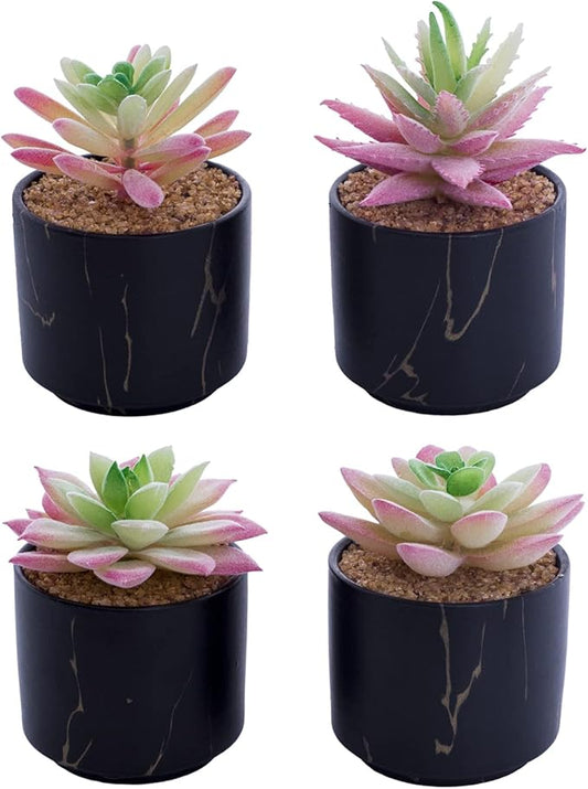 zenmag Mini Succulents Plants Artificial, Mini Succulents Plants Artificial in Black Ceramic Pots for Desk Office Livingroom Bathroom and Home Decoration Set of 4 Artificial Succulents