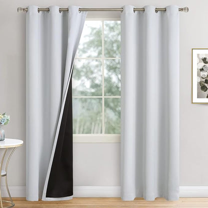 Greyish White Blackout Curtains 84 Inch Length 2 Panels for Living Room, Thermal Insulated 100% Light Blocking Soundproof Grommet Window Curtains for Bedroom with Liner, Each 42 Inch Wide