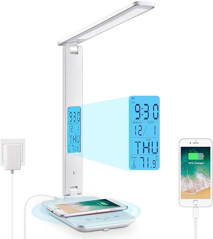 LAOPAO Desk Lamp with Wireless Charger: USB Charging Port, Table Lamp with Clock, Desk Lamps for Home Office College Dorm Room Essentials