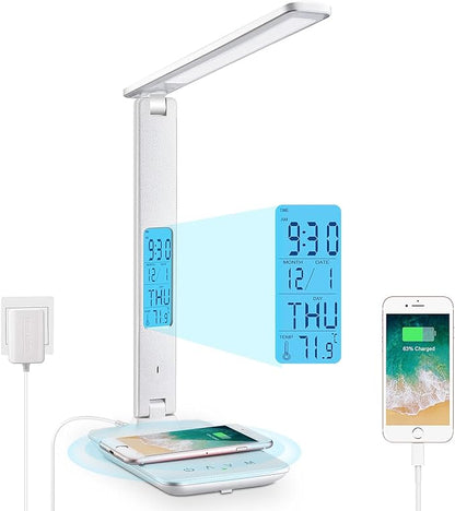 LAOPAO Desk Lamp with Wireless Charger: USB Charging Port, Table Lamp with Clock, Desk Lamps for Home Office College Dorm Room Essentials