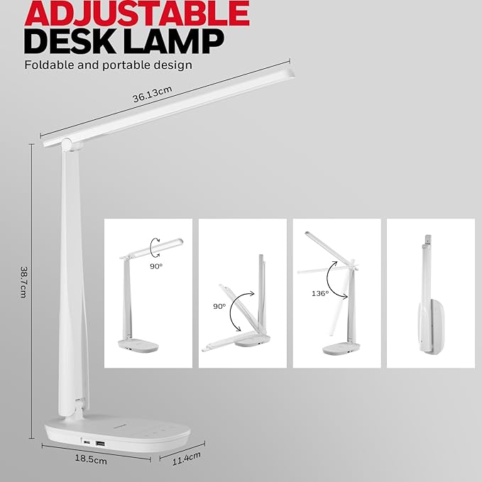 Honeywell Sunturalux™ LED Desk Lamp Dimmable Desk Light with USB A+C Dual Charging Port Eye-Caring Foldable Table Lamp with 4 Color Modes for Home Office Bedroom Reading Study Work HWT-H2W White