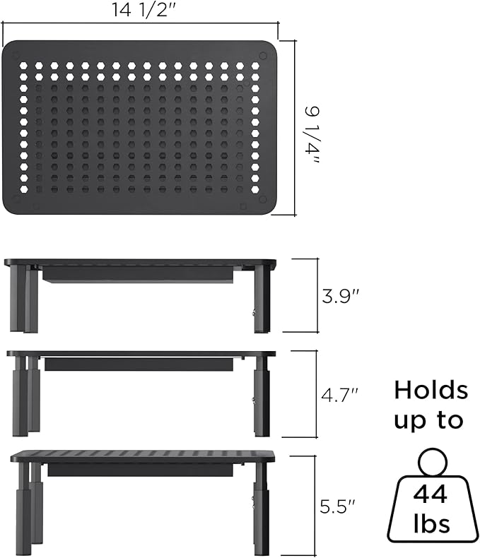 EVOOMI Back Saver Monitor Stand for Desk - 2 Pack Monitor Riser with Drawer - Gain 5 Weeks a Year, Less Pain & Peak Productivity with Anti Skid Mesh Metal Computer Stand for Laptop, Printer & iMac