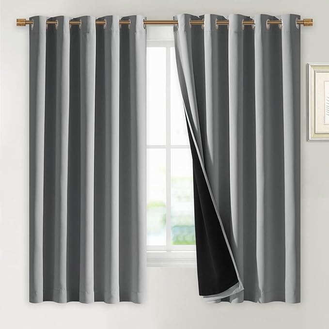 NICETOWN 100% Blackout Curtains with Black Liners, Thermal Insulated Full Blackout 2-Layer Lined Drapes, Energy Efficiency Window Draperies for Bedroom (Silver Grey, 2 Panels, 70-inch W by 63-inch L)