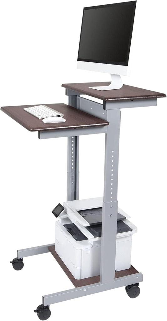 Stand Up Desk Store Rolling Adjustable Height Two Tier Standing Desk Computer Workstation (Silver Frame/Dark Walnut Top, 24" Wide)