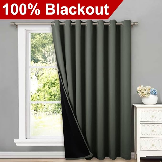 NICETOWN Dark Mallard Full Shading Curtains for Patio Door, Super Heavy-Duty Thermal Backing Sliding Glass Door Drape, Privacy Assured Room Divider Curtain (1 Panel, 100 inches W x 84 inches L)