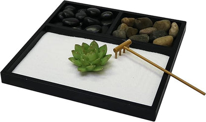 Nature's Mark Mini Zen Garden Kit for Desk with Rake, White Sand, Lotus Figure, 3 Sections Black Square Base, River Rocks and Black Rocks (9Lx9W C)