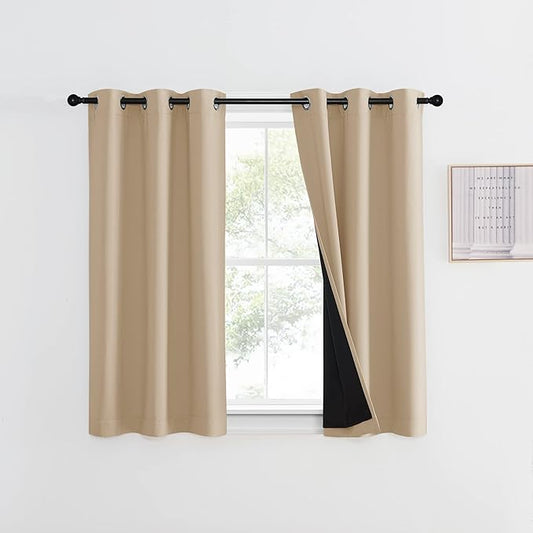 NICETOWN Bedroom Full Blackout Curtain Panel for Car, Super Thick Insulated Window Cover, Complete Blackout Drapery with Black Liner for Small Window(Biscotti Beige, 1 PC, 42 by 45-inch)