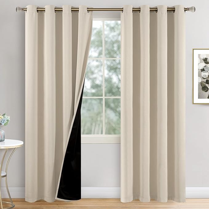 Champagne Blackout Curtains for Bedroom 84 Inch Length 2 Panels Set, Thermal Insulated 100% Light Blocking Soundproof Grommet Window Curtains for Living Room with Black Liner, Each 52 Inch Wide