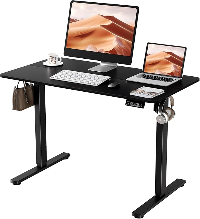 Electric Standing Desk, 43.3" x 23.6" Height Adjustable Sit Stand Desk with Splice Board for Home Office, Computer Desk Memory Preset (Black Frame, Black Desktop)