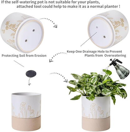 Nihow Self Watering Plant Pot: 6 Inch Ceramic Planter with Drainage Hole & Water Storage Plus for Indoor & Outdoor Plants - Cylinder Round Flower Pot for Succulent/Herbs/Violets -White & Nature