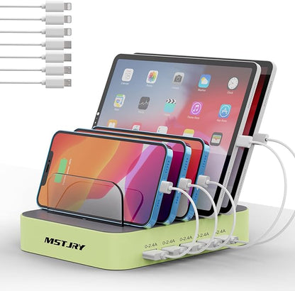 Charging Station for Multiple Devices, MSTJRY 5 Port Multi USB-A Charger Station with Power Switch Designed for iPhone iPad Cell Phone Tablets (Cyan, 7 Mixed Short Cables Included)