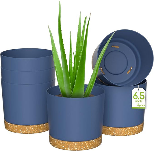 ZMTECH Plant Pots, Set of 6 6.5'' Self Watering Plastic Planter with Drainage Hole and Saucer,Modern Decorative Flower Pot for Indoor Outdoor House Plants, Succulents, Flowers - Blue