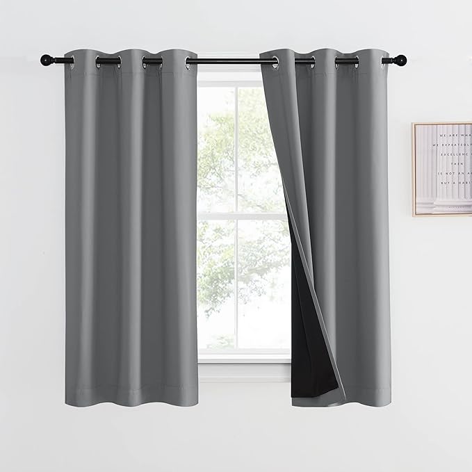 NICETOWN 100% Blackout Curtain with Black Liners, Thermal Insulated Full Blackout 2-Layer Lined Drape, Noise Cancellation Window Drapery for Dining Room (Silver Grey, 1 Panel, 42-inch W by 54-inch L)