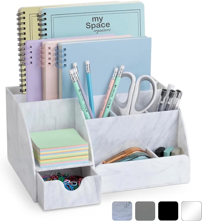 Marble Desk Organizer For Office Supplies And Accessories - 9 Sections - Pencil Pen Holder Storage - Desktop Organization Decor Essentials (White Grey Marble)