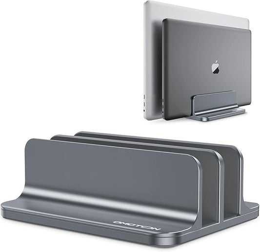 OMOTON [Updated Dock Version Vertical Laptop Stand, Double Desktop Stand Holder with Adjustable Dock (Up to 17.3 inch), Fits All MacBook/Surface/Samsung/HP/Dell/Chrome Book (Grey)