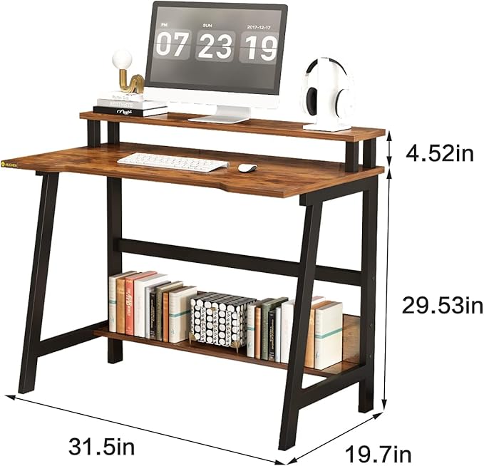 31.5 Inch Small Desk, Small Computer Desk for Small Spaces, Modern Writing Table with Monitor Storage Shelf, Compact Laptop Desk for Home Office and Study, Brown