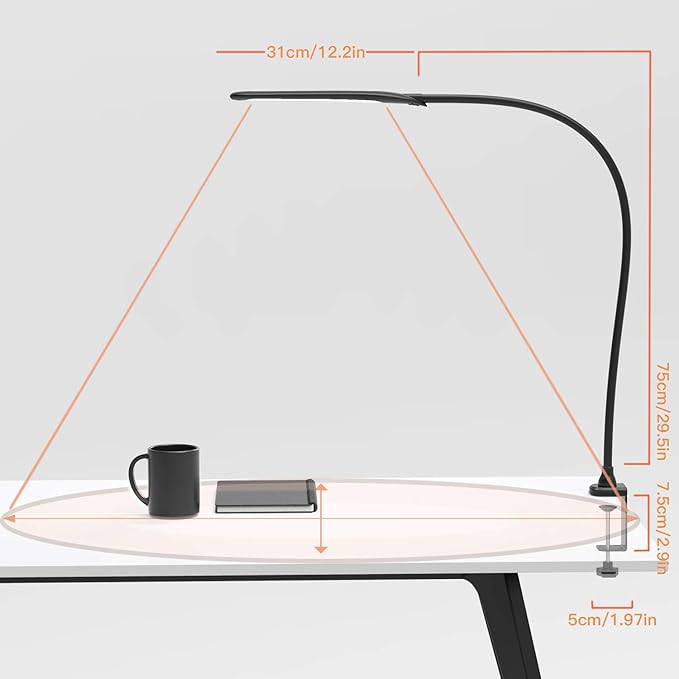 YOUKOYI Desk Lamp with Clamp, Swing Arm Lamp, Flexible Gooseneck Architect Table Lamp - Stepless Dimming, 3 Color Modes, Touch Control, 9W, 1050LUX Eye-Care for Study/Reading/Office/Work (Black)