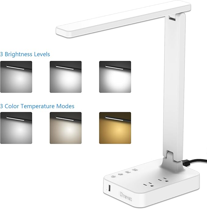 Drevet LED Desk Lamp, Desk Light with 1 USB Charging Port and 2 AC Power Outlet, 3 Lighting Modes, 3 Level Brightness,1H Timer, Touch Control, Eye-Caring Home Office Foldable Table Lamp (White)