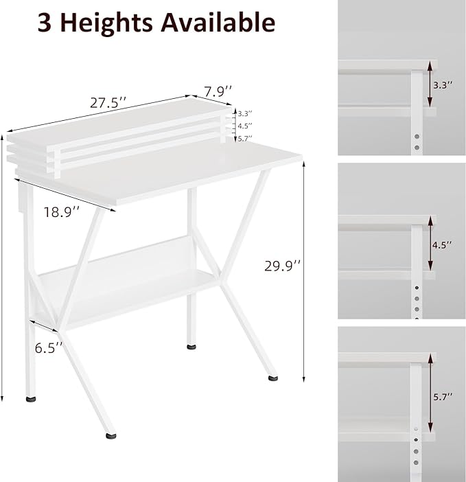 COTUBLR Small Desk, 27.5 Inch Small Computer Desk for Small Spaces, Computer Desk with Adjustable Monitor Stand, Compact Desk with Storage, Tiny Desk Study Desk for Bedroom Home Office, White