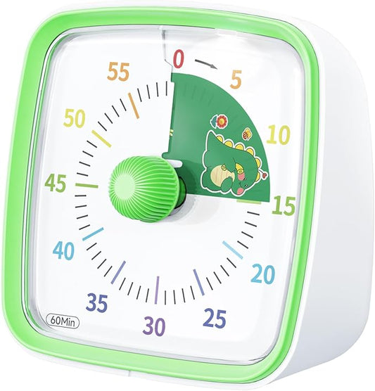 Yunbaoit Visual Timer with Night Light, 60-Minute Countdown Timer for Kids and Adults, Silent Classroom Timer, Pomodoro Timer with Dinosaur Pattern for Home, School, Kitchen, or Office (Green)