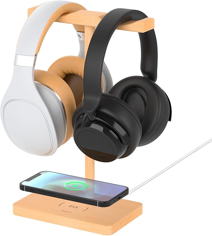 Headphone Stand Wood for Desk with Wireless Charger Gaming Headset Stand Holds Dual Universal VR Headset and Smart Watch,Support 15W Fast Charging, Type-C Cord Included, Beech