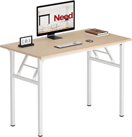 Need Folding Desk for Home Office 39-3/8'' Length Modern Folding Table Computer Desk No Install Needed Pink Oak Color Desktop White Frame, AC5AW(10060)