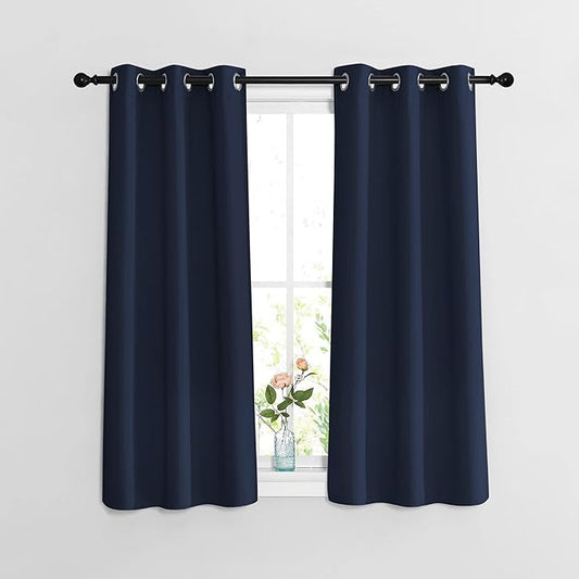 NICETOWN Blackout Navy Curtains & Drapes 48 inch Long for Kitchen - Thermal Insulated Solid Grommet Room Darkening Panels for Bathroom (Navy, 1 Pair, W37 x L48)