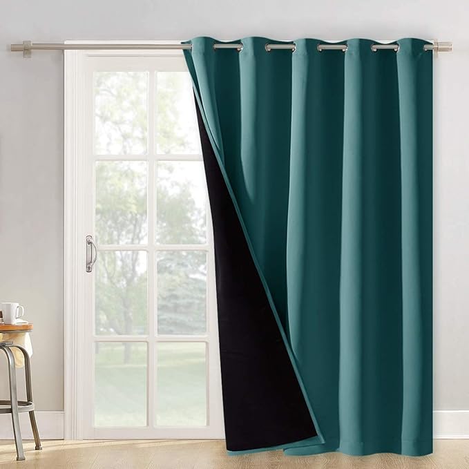 NICETOWN 100% Blackout Patio Sliding Door Curtain, Wide Lined Drape, Keep Warm Drapery, Sliding Glass Door Panel for Night Shift（Sea Teal, 1 Panel, 70 inches Wide x 95 inches Long