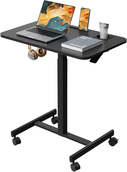 Mobile Standing Desk, Rolling Laptop Desk Adjustable Height with Cup Holder, 28 inch Portable Desk Workstation with 4 Lockable Wheels, Black Desk with Hook and Slots for Home Office