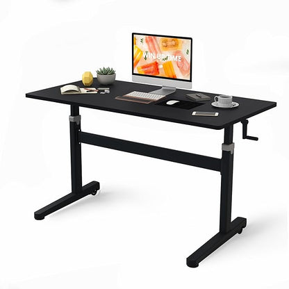 Manual Standing Desk Adjustable Height- Crank Mobile Standing Desk 55 x 24 Inches Sit Stand Desk Frame & Top, Stand Up Desk on Wheels, Computer Desk Black Frame & Black