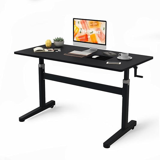 Manual Standing Desk Adjustable Height- Crank Mobile Standing Desk 55 x 24 Inches Sit Stand Desk Frame & Top, Stand Up Desk on Wheels, Computer Desk Black Frame & Black