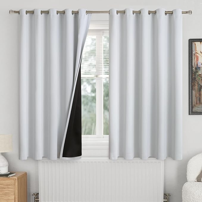 Extra Wide 100% Blackout Curtains for Bedroom 63 Inch Length 2 Panels, Thermal Insulated Full Light Blocking Soundproof Grommet Window Curtains for Living Room, Each 60 Inch Wide，Greyish White