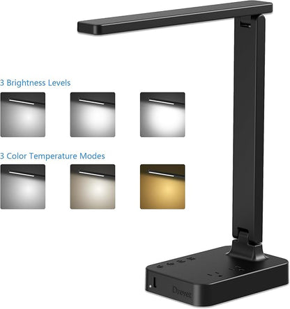 Drevet LED Desk Lamp, Desk Light with 1 USB Charging Port and 2 AC Power Outlet, 3 Lighting Modes, 3 Level Brightness,1H Timer, Touch Control, Eye-Caring Home Office Foldable Table Lamp (Black)