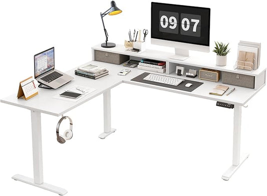 Agilestic L Shaped Electric Standing Desk with 2 Drawers, 63 Inch Ergonomic Adjustable Height Desk with Storage, Corner Desk Sit Stand up Computer Table for Work Office Home, White