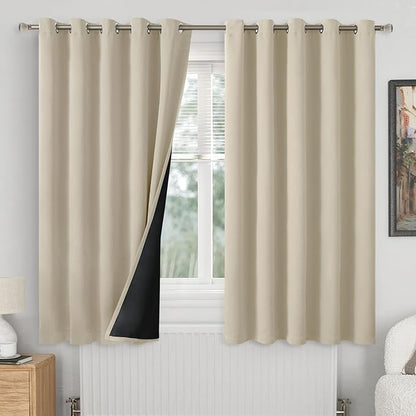 Extra Wide 100% Blackout Curtains for Bedroom 63 Inch Length 2 Panels Set, Thermal Insulated Full Light Blocking Soundproof Grommet Window Curtains for Living Room, Each 60 Inch Wide, Beige