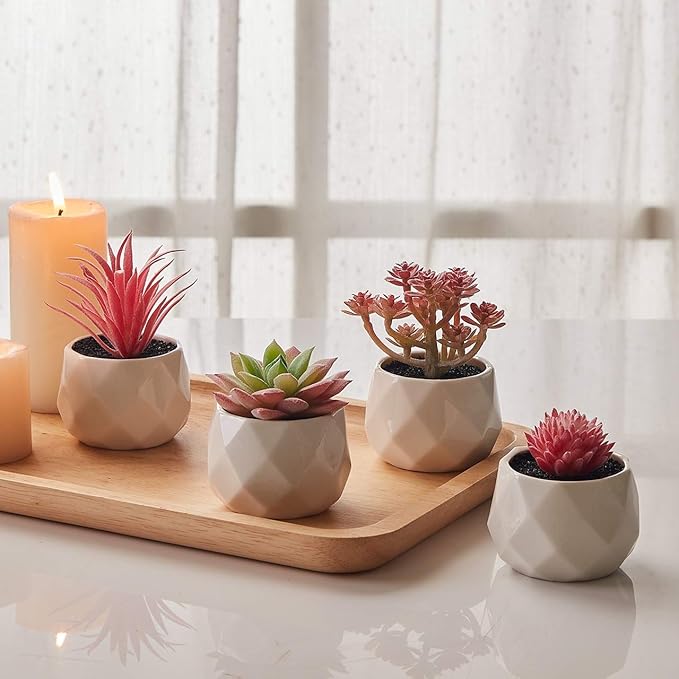 CADNLY Fake Succulent Plant Set - Artificial Succulent Plants for Women Desk - Realistic Faux Succulents in Ceramic Pots - Mini Pink Decor for Bedroom Bathroom Office Shelf Decor