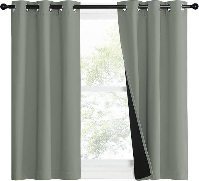 NICETOWN 100% Blackout Window Curtain Panels, Heat and Full Light Blocking Drapes with Black Liner for Nursery, 40" Drop Thermal Insulated Draperies (Greyish Green, 2 Pieces, 37" Wide Each Panel)