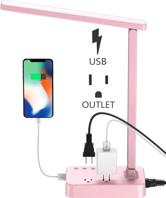 Drevet LED Desk Lamp, Desk Light with 1 USB Charging Port and 2 AC Power Outlet, 3 Lighting Modes, 3 Level Brightness,1H Timer, Touch Control, Eye-Caring Home Office Foldable Table Lamp (Pink)