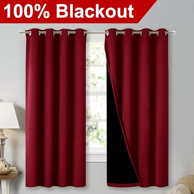 NICETOWN Cold Blocking Curtains, 100% Blackout Curtain Panels, Thermal Insulated Curtains, Noise Reducing Drapes for Window Decor (Set of 2, Burgundy Red, 52 inches Wide by 63 inches Long)