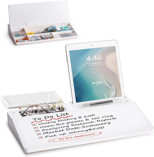 Small Glass Desktop Whiteboard Dry-Erase-Board - Computer Keyboard Stand with Ultrasonic Cleaners White Board Surface Pad with Drawer, Desk Organizers with Accessories