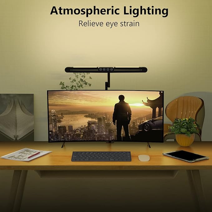 Micomlan Led Desk Lamp with Clamp, Architect Desk Lamp for Home Office with Atmosphere Lighting, 24W Ultra Bright Auto Dimming Desk Light Stepless Dimming and Tempering LED Table Light