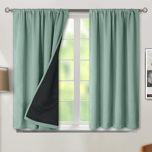 BGment Blackout Curtains for Bedroom 45 Inch Length, Rod Pocket 100% Blackout Curtains with Thermal Liner Darkening Curtains for Living Room, Each Window Curtains 2 Panels, 52 x 45 Inch, Frosty Green