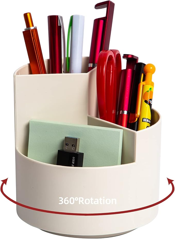 Desk Pencil Pen Holder, 3 Slots 360-Degree Spinning Pencil Pen Desk Organizers, Desktop Storage Pen Organizers Stationery Supplies, Cute Pencil Cup Pot for Office, Art Supply - White