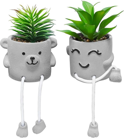 Zerzsy Faux Succulents in Cement Pots with Hanging Leg, Potted Mini Fake Plants for Office Desk Decor, Artificial Succulent Plants Indoor Decorations - Set of 2