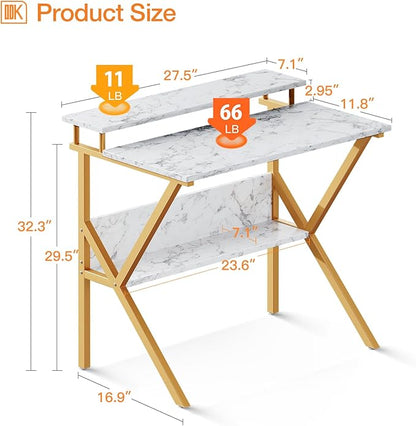 ODK Small Desk, 27.5 Inch Small Computer Desk for Small Spaces, Compact Desk with Storage, Tiny Desk Study Desk with Monitor Stand for Home Office, White Marble + Gold Leg