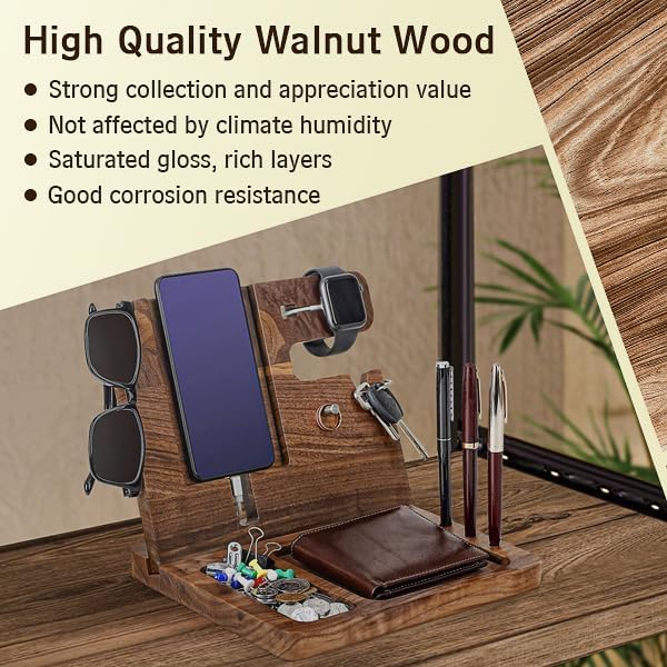 awofer Gifts for Men - Ebony Wood Phone Docking Station - Nightstand with Key Holder, Wallet Stand and Watch Organizer to Boyfriend Husband Wife Dad for Anniversary Birthday Christmas